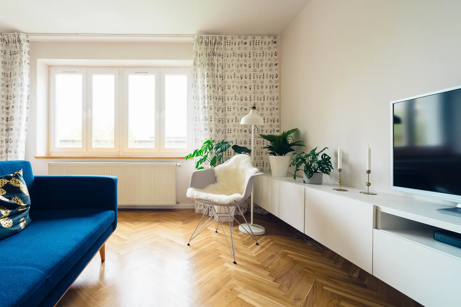 A bright, tidy living room with a blue sofa and wooden floor