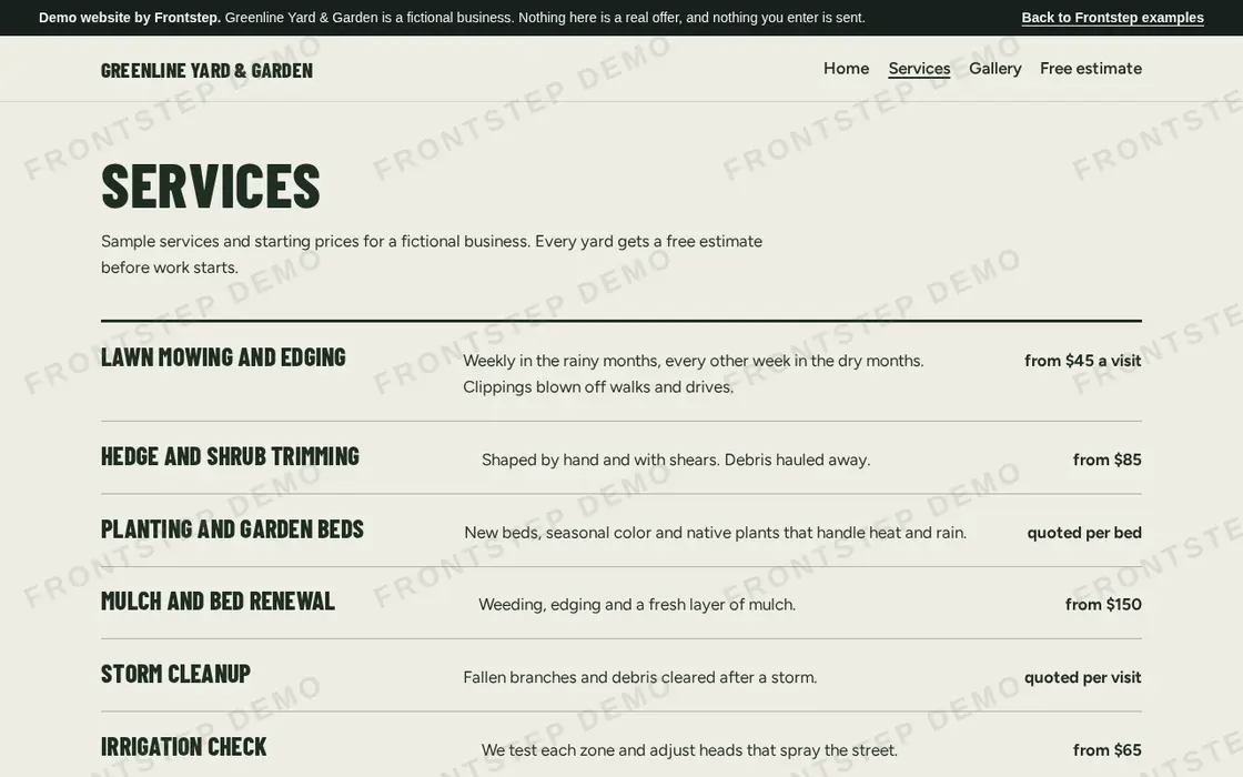 The services page of the example landscaping website, listing hedge and shrub trimming from $85 and storm cleanup.